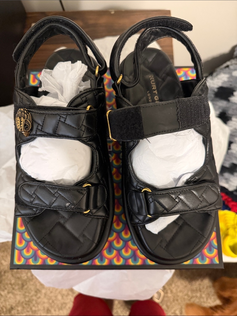 Kurt Geiger Adult  Black Quilted Velcro Sandals with Gold Accents